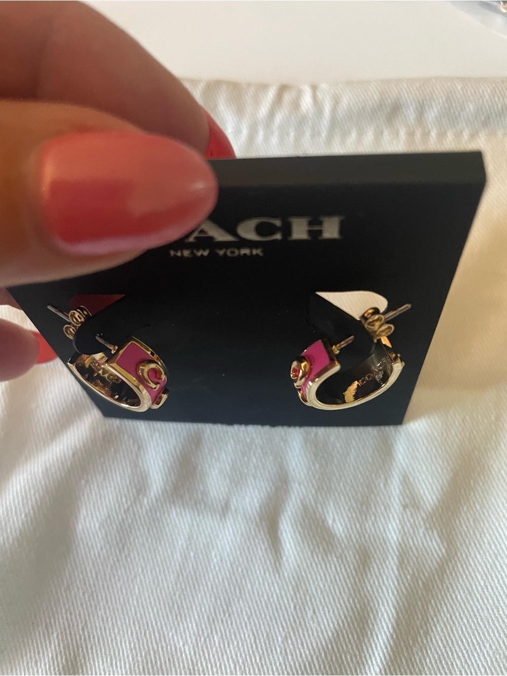 Coach Gold-Tone Mini Hoop Earrings with Pink Enamel Accents - Picture 2 of 4